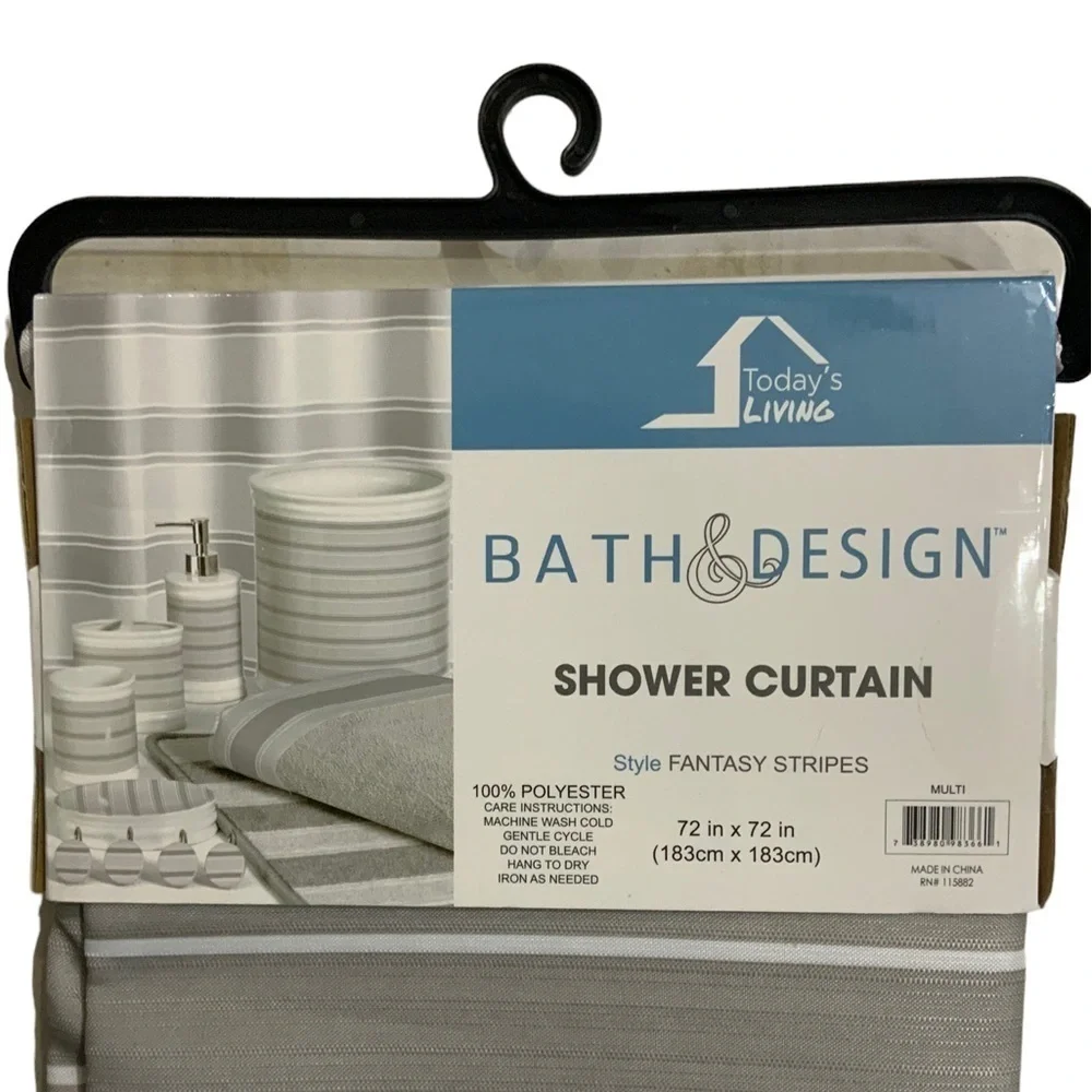 Striped Fabric Shower Curtain Ceramic Accessories 3 Pieces White Grey Tan Khaki